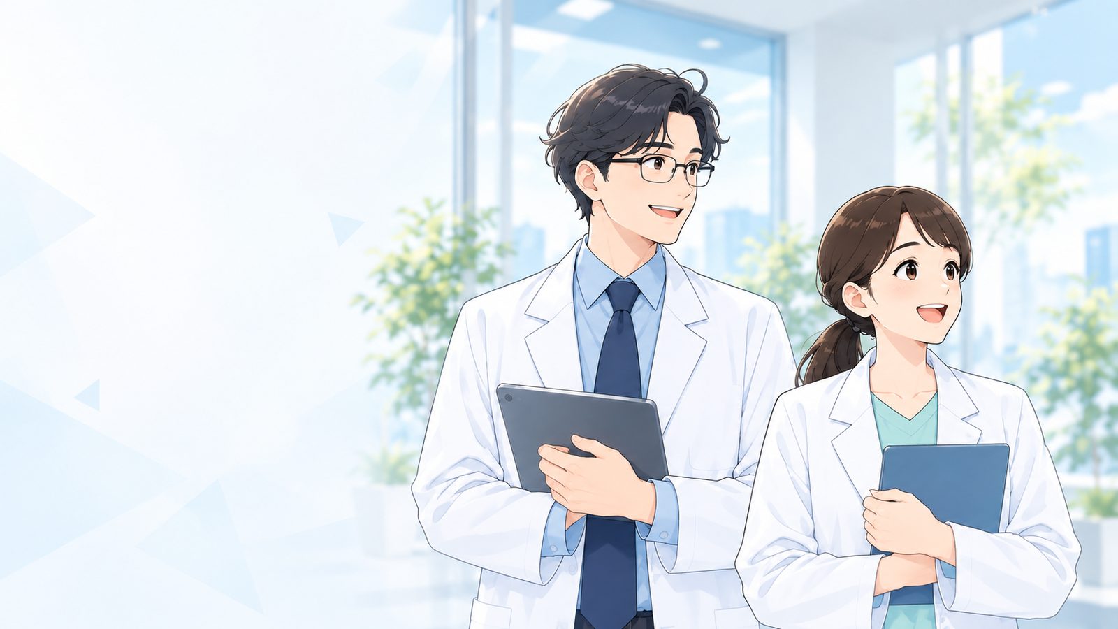 タブレットを持つ白衣の医師2人のイラスト
