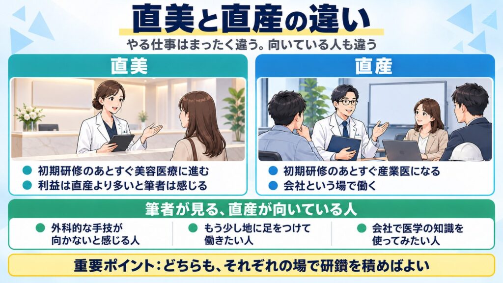 直美は初期研修のあとすぐ美容医療、直産はすぐ産業医に進む道でやる仕事はまったく違い、筆者が見る直産が向いている人3タイプを示す