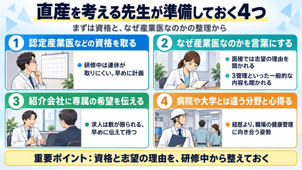 直産の準備として、認定産業医などの資格を早めに計画、なぜ産業医かを言葉にする、紹介会社に専属の希望を伝える、違う分野と心得るの4つを示す