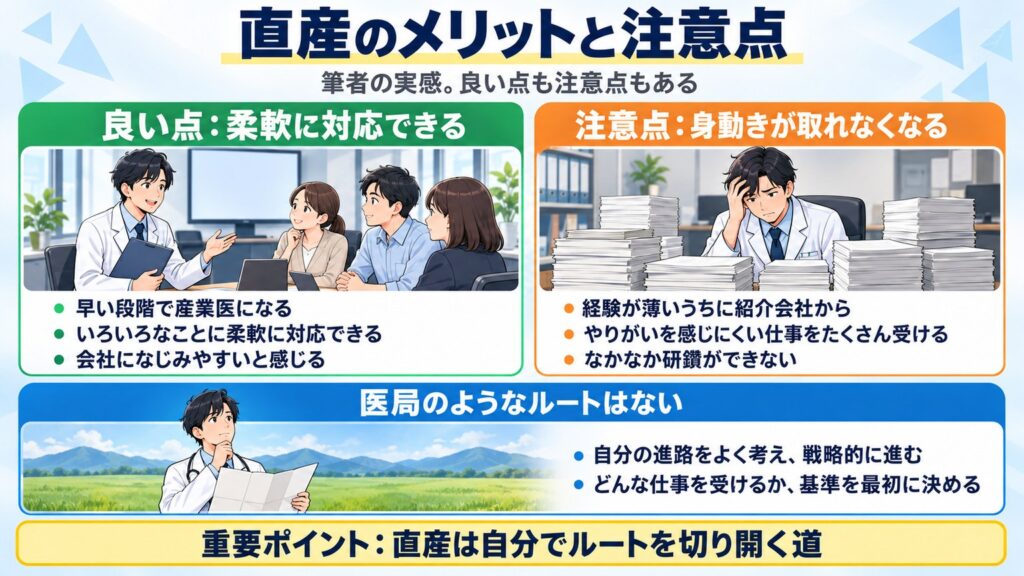 筆者の実感として、直産は柔軟に対応でき会社になじみやすい一方、やりがいの少ない仕事で身動きが取れなくなることがあり、自分で判断して進む道だと示す