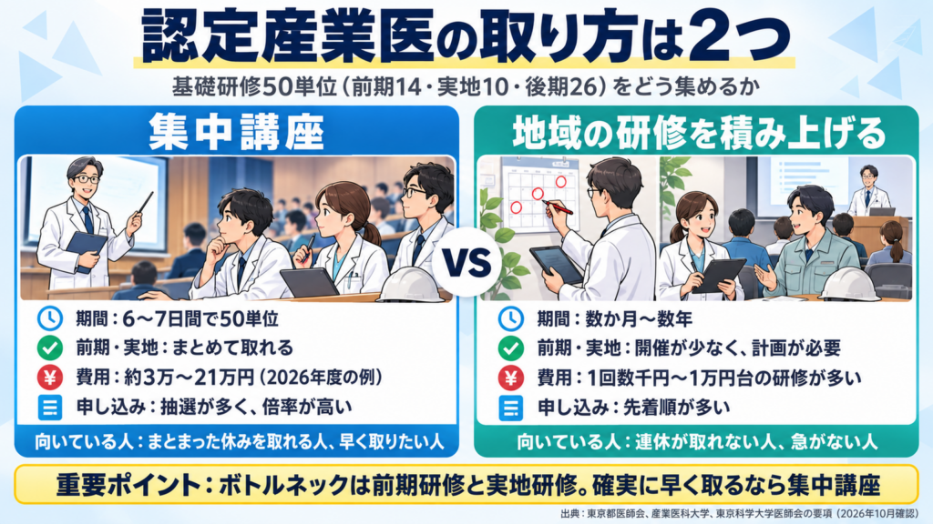 認定産業医の取り方は2つ：集中講座と地域の研修の比較（期間・前期と実地・費用・申し込み・向いている人）