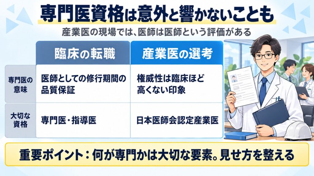 臨床の転職では専門医が品質保証になるが、産業医の選考では権威性は高くなく、認定産業医の評価と見せ方が大切だと示す図