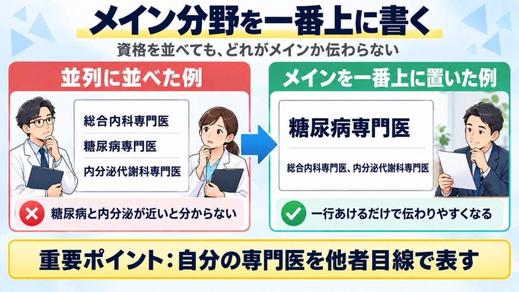 専門医資格を並列に並べるとメインが伝わらないため、糖尿病専門医などメイン分野を一番上に一行で置く書き方を例で比べた図