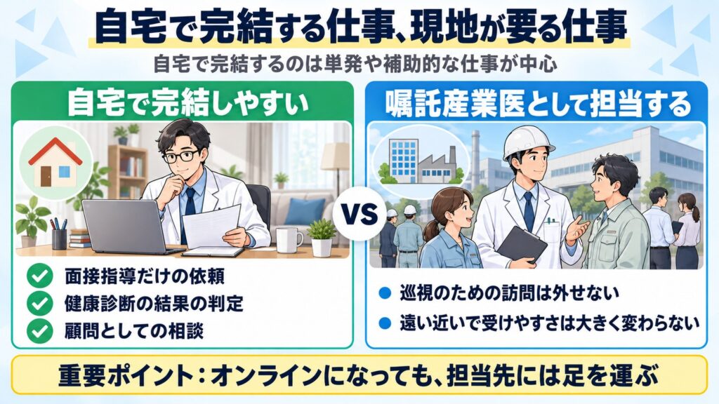 自宅で完結しやすい仕事(面接指導だけの依頼・健康診断の結果の判定・顧問としての相談)と、嘱託産業医として事業場を担当する場合の違いを示す図