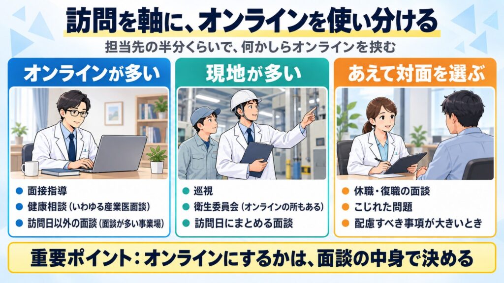 筆者がオンラインで行うことが多い業務、現地で行うことが多い業務、あえて対面を選ぶ面談の3つを示す図