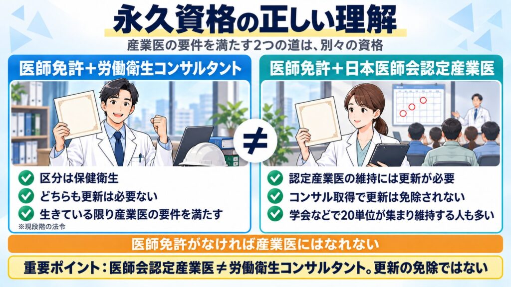 医師免許＋労働衛生コンサルタントと医師免許＋日本医師会認定産業医は別資格で、コンサル取得で認定産業医の更新は免除されないことを示す図