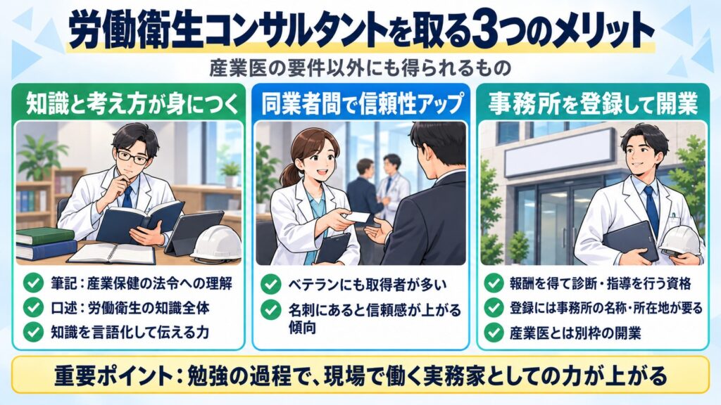 労働衛生コンサルタントを取るメリットとして、知識と言語化の力、同業者間の信頼、事務所登録による開業の3つを並べた図