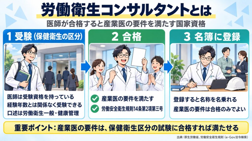 医師が労働衛生コンサルタント（保健衛生）を受験・合格すると産業医の要件を満たし、名簿登録で名称を名乗れる流れの図