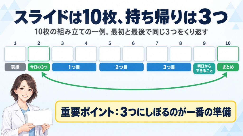 スライド10枚の組み立ての一例。1枚目表紙、2枚目今日の3つ、3〜8枚目は3つを2枚ずつ、9枚目明日からできること、10枚目まとめ