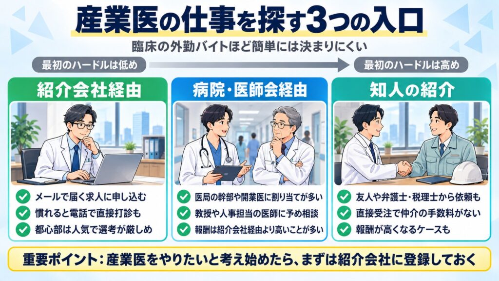 産業医の仕事の探し方として、紹介会社経由、病院や医師会経由、知人の紹介の3つの入口と特徴を示した図