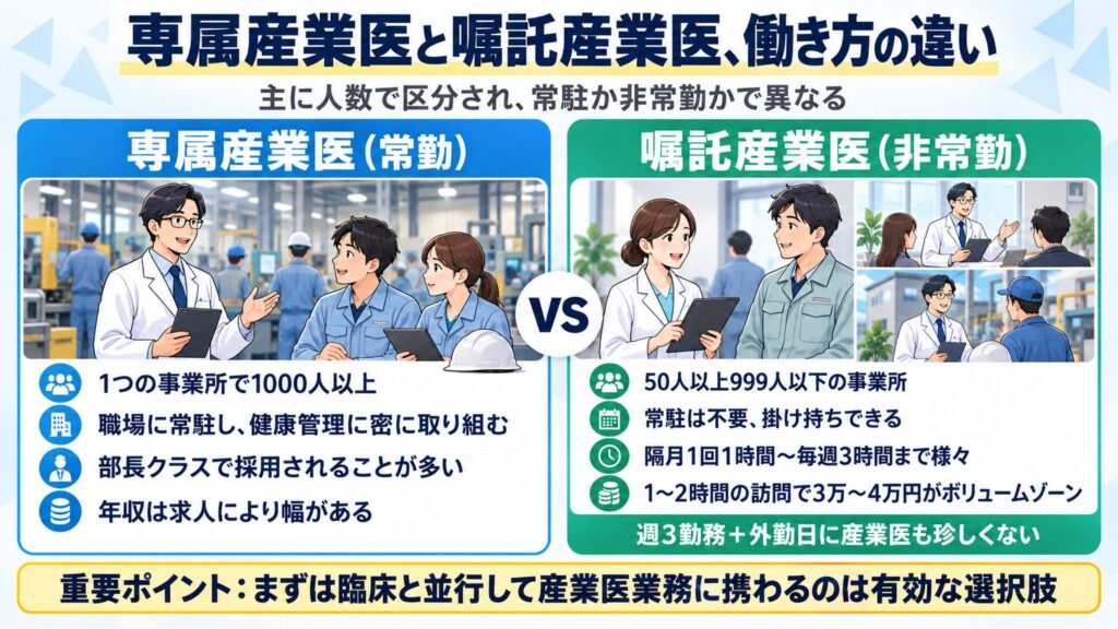 常勤の専属産業医と非常勤の嘱託産業医を、選任規模、働き方、報酬（専属は求人により幅、嘱託は1〜2時間の訪問で3万〜4万円が中心）で比べ、臨床との並行を勧める図