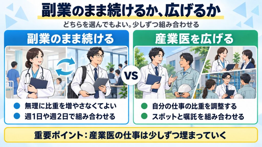 臨床医は無理に産業医の比重を増やさなくてよい。本格的に増やすなら比重を調整し、スポットと嘱託を組み合わせる