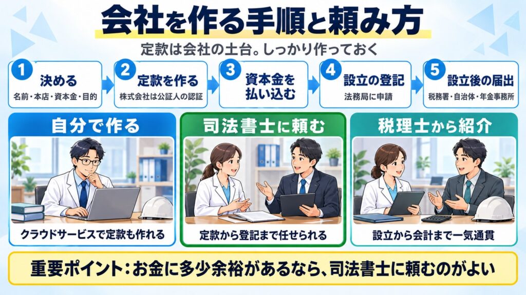 会社を作る5つの手順と、自分で作る・司法書士に頼む・税理士から紹介してもらう3つの頼み方