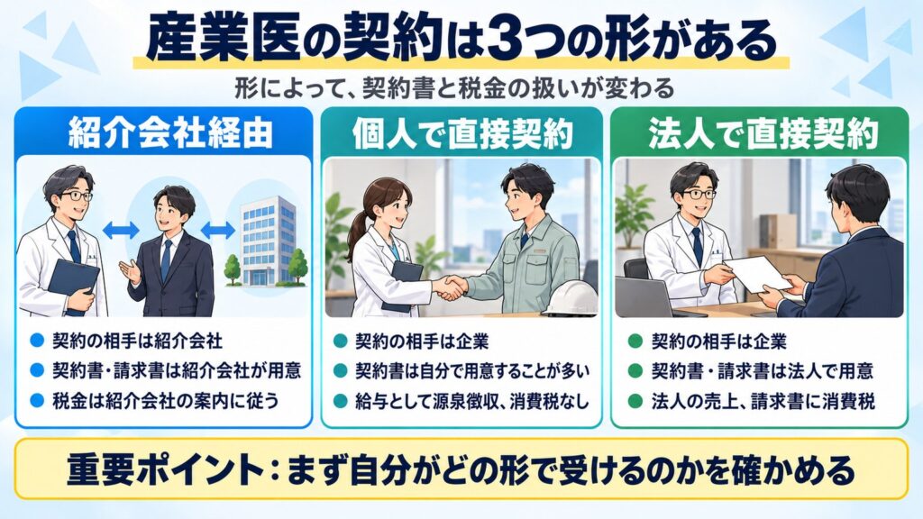 産業医の契約は紹介会社経由・個人で直接契約・法人で直接契約の3つで、契約書を誰が用意するかと税金の扱いが変わると示す
