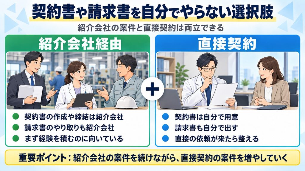 紹介会社経由なら契約書や請求書は紹介会社が担当し、直接契約は自分で用意する。両方を続けながら直接契約の案件を増やせると示す