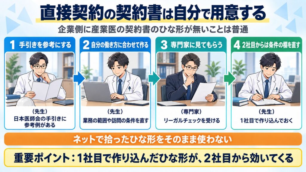 直接契約の契約書は、日本医師会の手引きを参考に自分の働き方に合わせて作り、専門家に見てもらい、2社目からは条件の欄を直す手順を示す