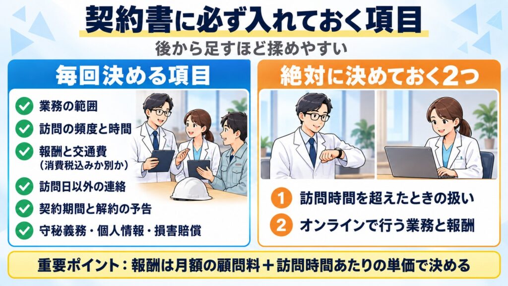 契約書に毎回入れる6項目と、絶対に決めておく訪問時間の超過とオンラインの取り決めを示す