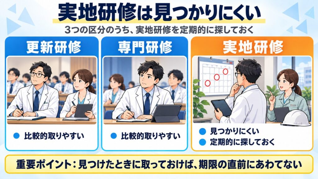 更新研修と専門研修は比較的取りやすく、実地研修は見つかりにくい。実地研修は定期的に探し、見つけたときに取っておく
