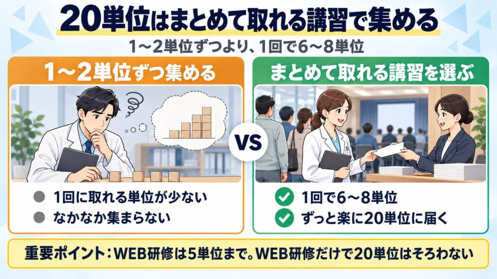 1〜2単位ずつではなかなか集まらない。1回で6〜8単位取れる講習を選ぶと、ずっと楽に20単位に届く。WEB研修だけではそろわない