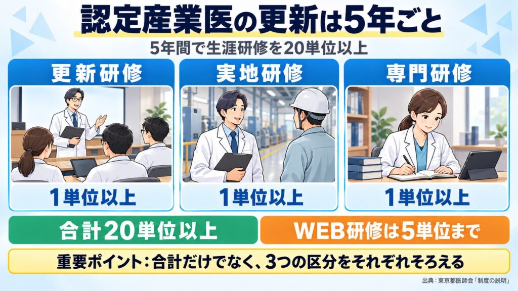 認定産業医の有効期間は5年。更新研修・実地研修・専門研修を各1単位以上、合計20単位以上。WEB研修は更新に5単位まで