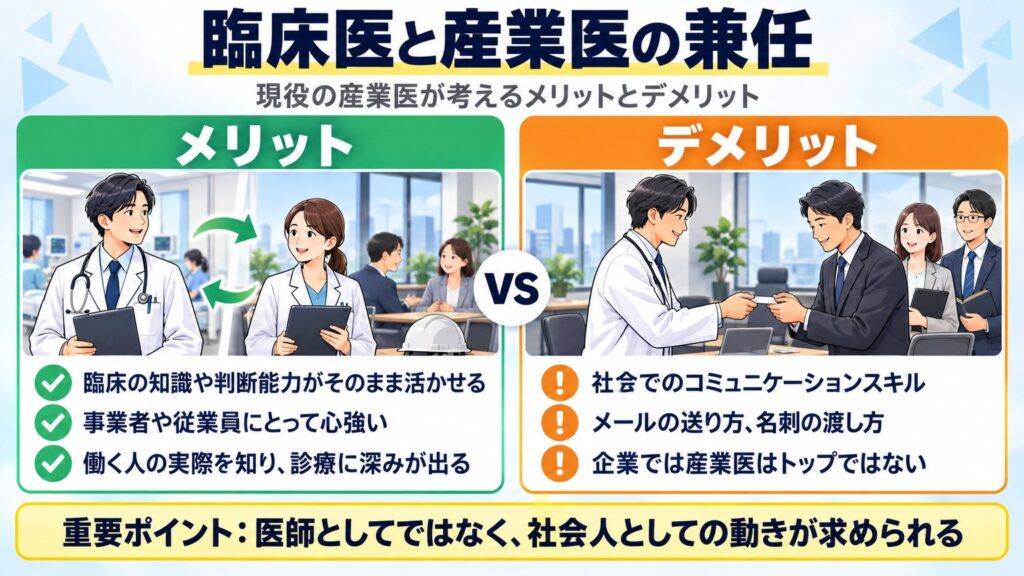臨床経験が活き診療に深みが出るという兼任のメリットと、企業での社会人としての振る舞いが問われるデメリットを対比した図