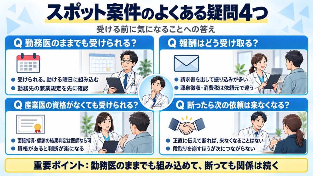 勤務医のままでも受けられる、報酬は請求書で振込、面接指導と健診判定は医師なら可、正直に断れば次も来る、という4つの疑問への答えを示す