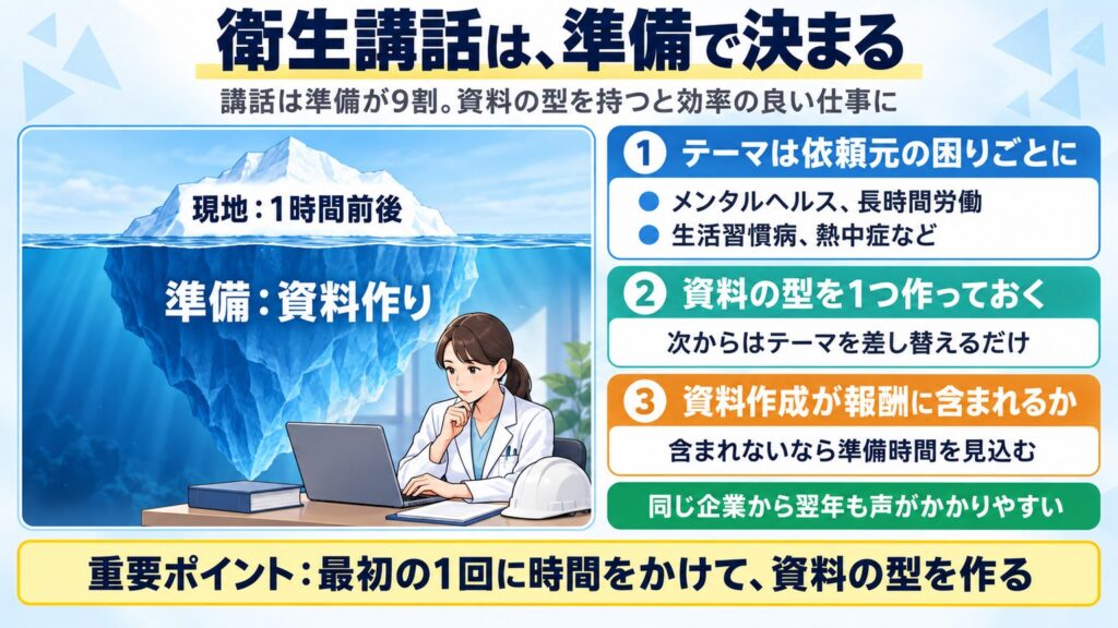 衛生講話は現地1時間前後でも準備が大半で、テーマを依頼元に合わせ、資料の型を作り、資料作成が報酬に含まれるか確認すると示す