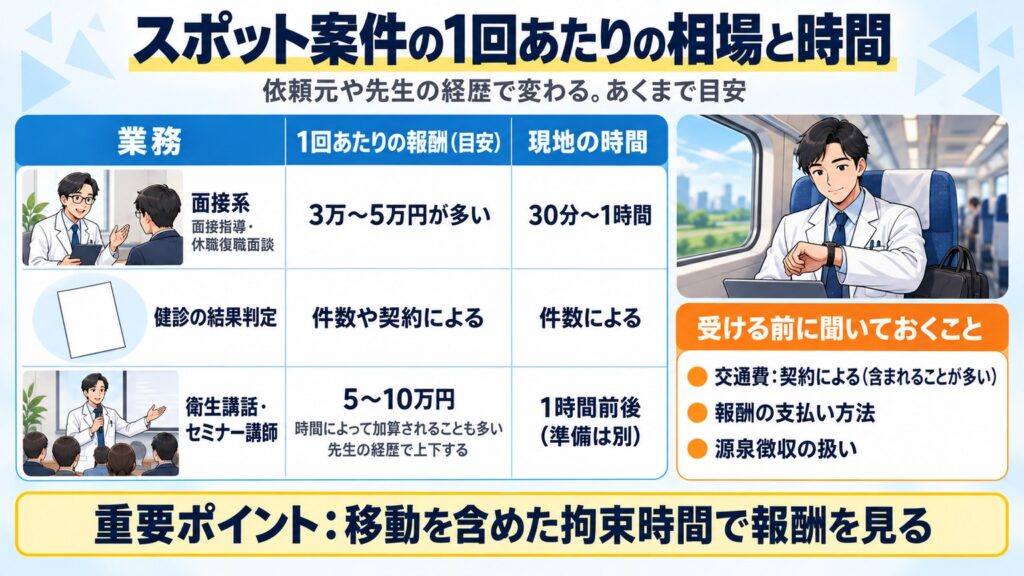 1回あたりの目安として面接系は3万〜5万円・現地30分〜1時間、講話は5〜10万円と示し、交通費や支払い方法を先に聞き拘束時間で見ると示す