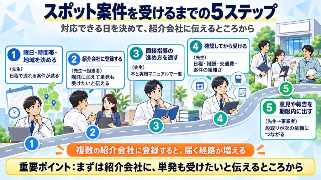 スポット案件を受けるまでを、曜日と地域を決める、紹介会社に単発も受けたいと伝える、面接指導を予習、確認して受ける、期限内に報告の5段階で示す