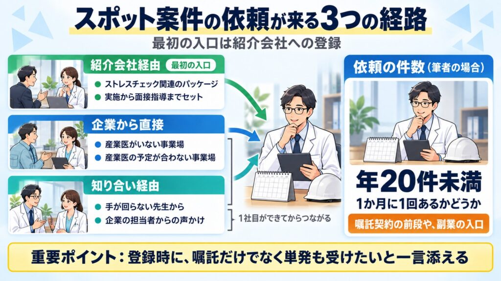 スポットの依頼は紹介会社・企業直接・知り合い経由の3経路から来て、最初の入口は紹介会社、件数は年20件未満と示す