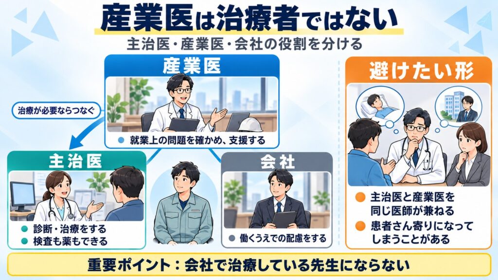 主治医は診断・治療、産業医は就業上の問題を確かめて支援、会社は働くうえでの配慮。主治医と産業医を同じ医師が兼ねるのは避けたい