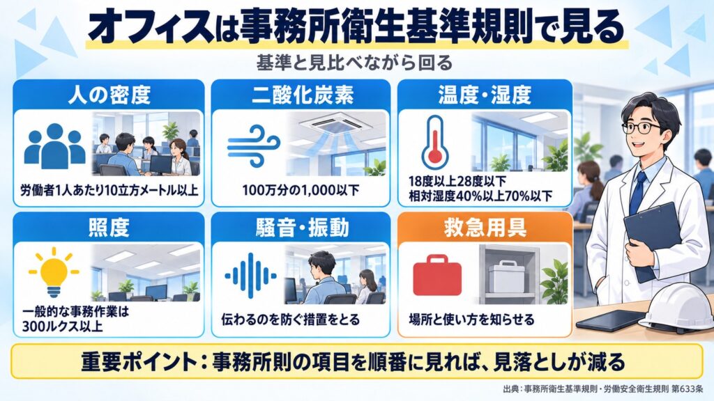 オフィスは事務所衛生基準規則で、人の密度・二酸化炭素・温度と湿度・照度・騒音と振動を確かめ、救急用具の場所と使い方も見る