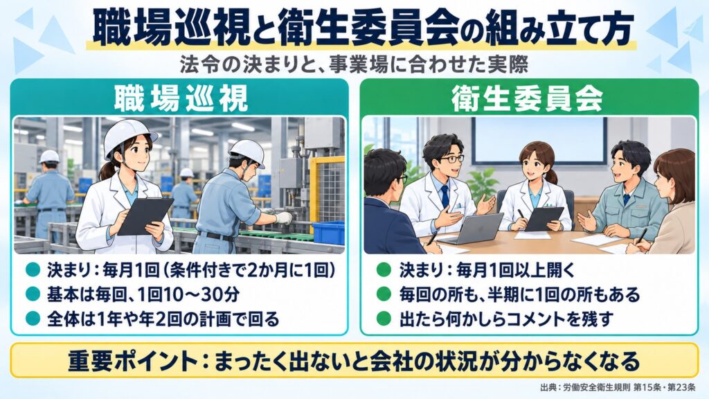 巡視は毎月1回(条件付きで2か月に1回)。基本は毎回するが、全体は1年や年2回の計画で回る。衛生委員会は毎回の所も半期に1回の所もある