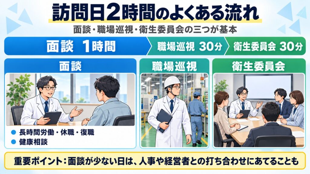 2時間の訪問は面談1時間、職場巡視30分、衛生委員会30分がよくある形。面談が少ない日は人事や経営者と打ち合わせ