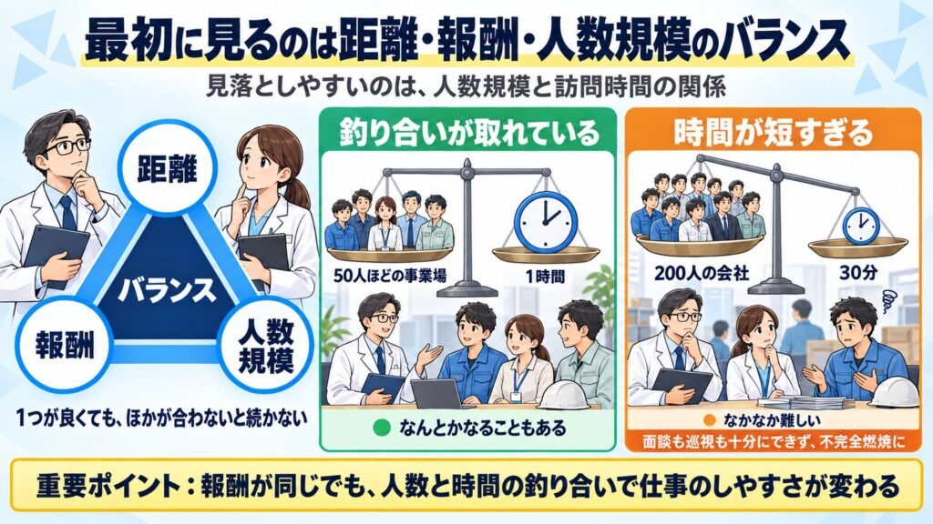 距離・報酬・人数規模の3つのバランスを見ること、50人なら1時間でなんとかなることもあるが200人を30分は難しいことを天秤で示す