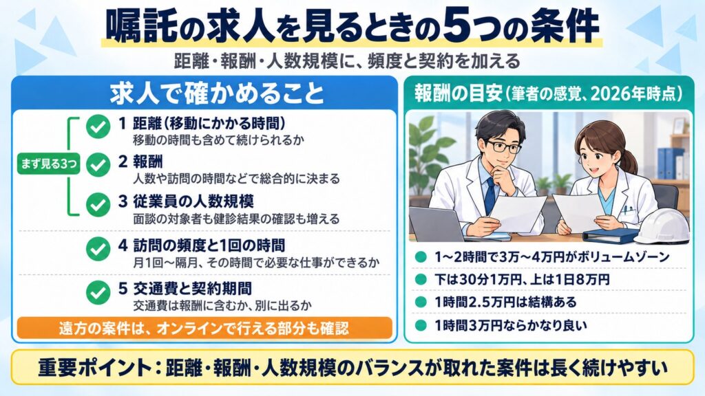 求人を見るときの5つの条件(距離・報酬・人数規模・訪問の頻度と時間・交通費と契約期間)と、筆者の感覚での報酬の目安を示す