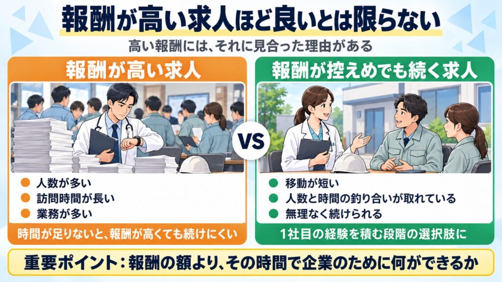 報酬が高い求人には人数・訪問時間・業務量の理由があり、控えめでも移動が短く釣り合いの取れた案件は続けやすいと対比で示す