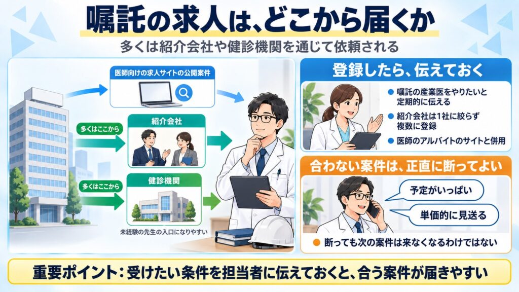 嘱託の求人は多くが紹介会社や健診機関を通じて届くこと、複数登録して条件を伝えること、合わない案件は正直に断ってよいことを示す