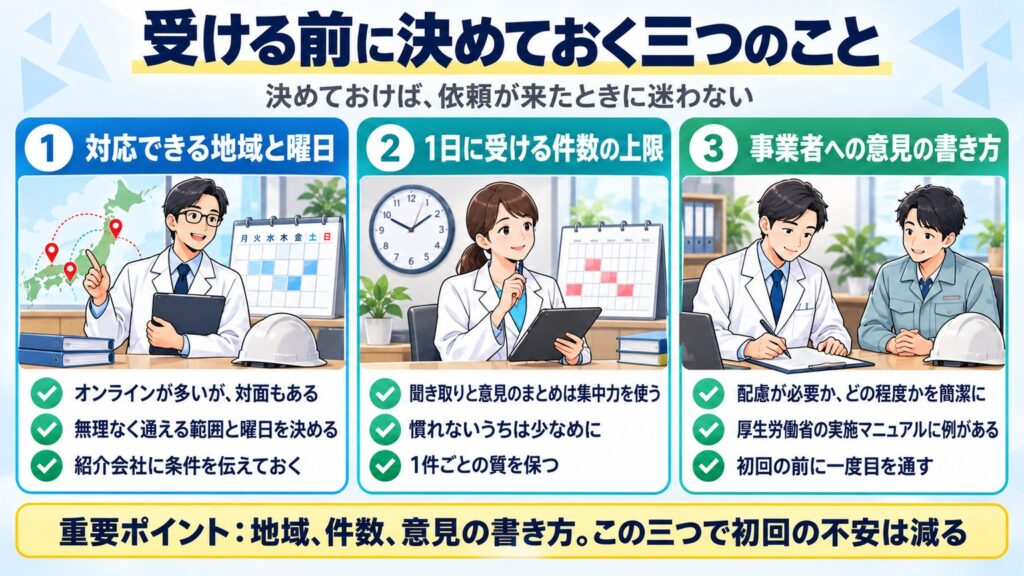 スポットの面接指導を受ける前に決めておく三つのこと(対応できる地域と曜日・1日の件数の上限・事業者への意見の書き方)の図