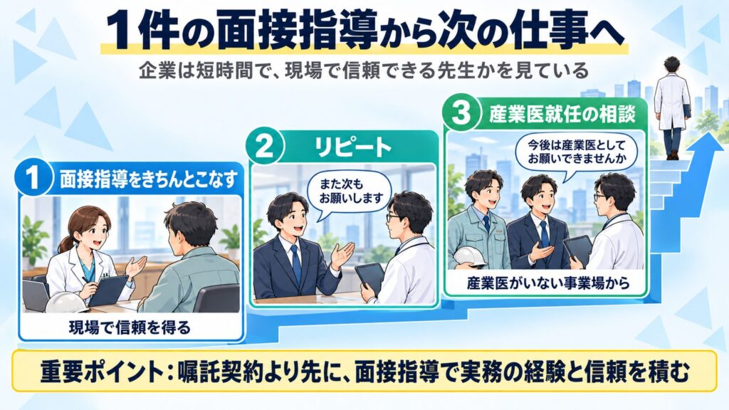 面接指導をきちんとこなして信頼を得ると、リピートの依頼や産業医としての依頼につながる流れを階段で示す図