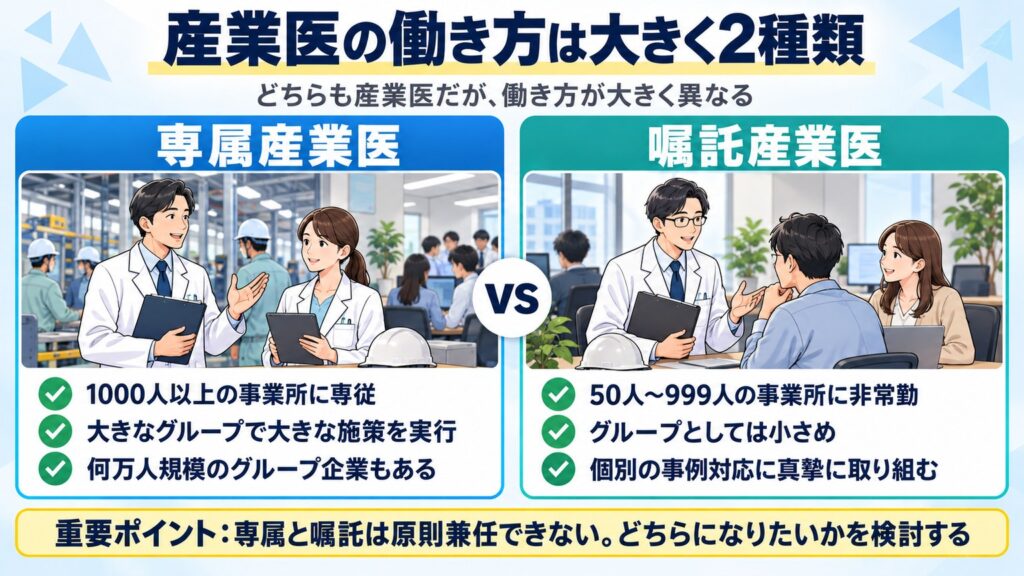 1000人以上の事業所に専従する専属産業医と、50人〜999人の事業所に非常勤で勤務する嘱託産業医の違いを比べた図