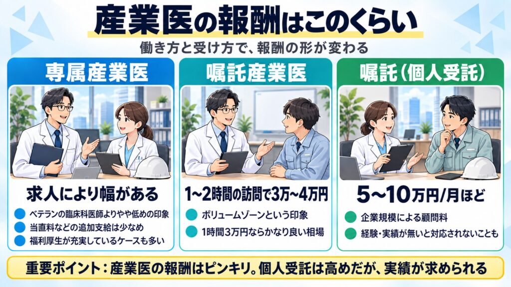 専属産業医の年収は求人により幅があり、嘱託は1〜2時間の訪問で3万〜4万円がボリュームゾーン、個人受託は5〜10万円/月ほどの顧問料という報酬の目安の図