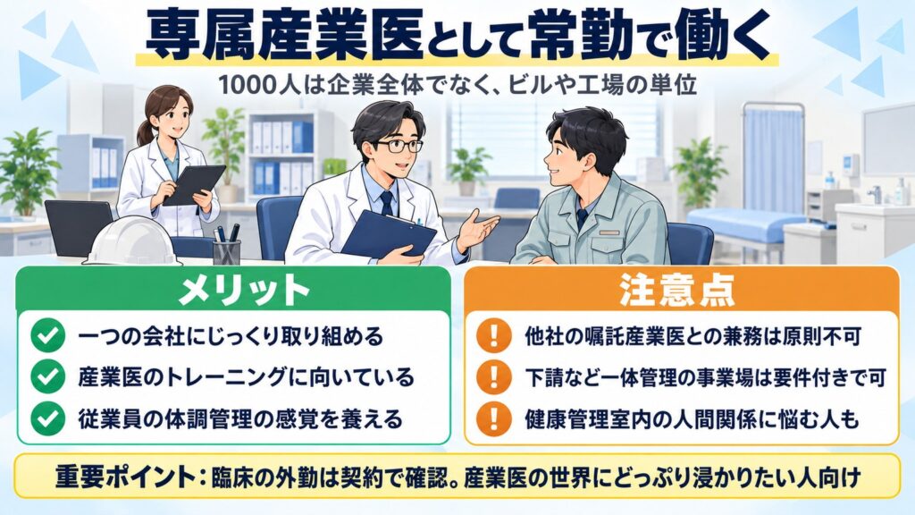 専属産業医のメリット（一社にじっくり取り組める等）と注意点（他社の嘱託との兼務は原則不可で、下請など一体管理の事業場は要件付きで可等）を左右に並べた図