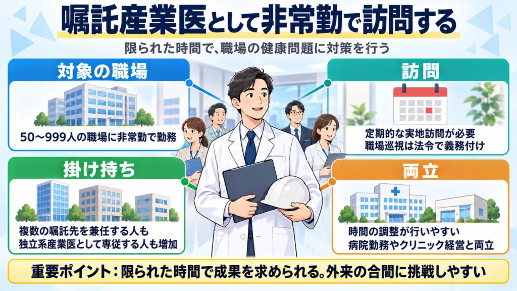 嘱託産業医の対象の職場、定期的な実地訪問、複数社の兼任、病院勤務との両立の4点をまとめた図